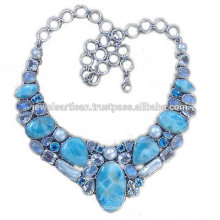 Larimar y piedras preciosas múltiples 925 collar de plata de ley Collar